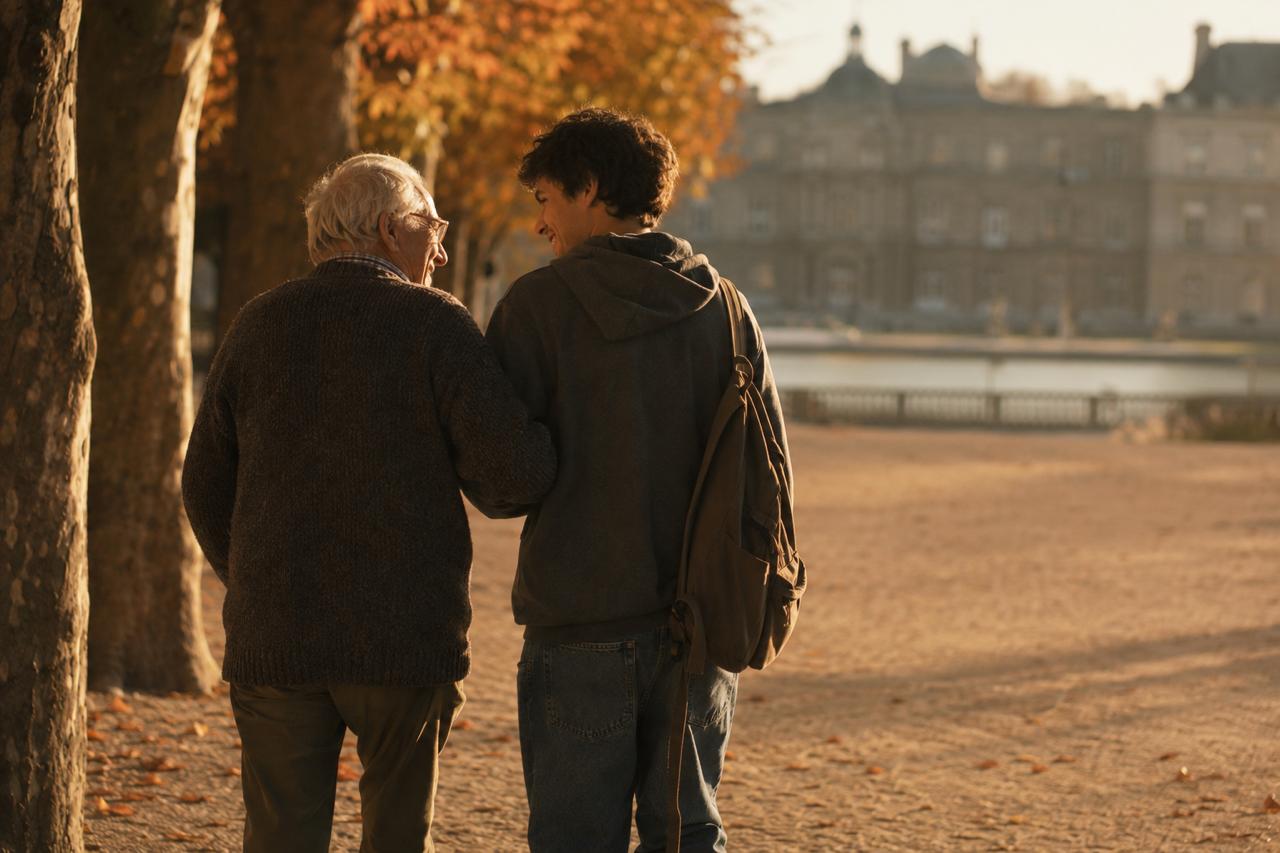 Un aîné et son compagnon en balade au parc